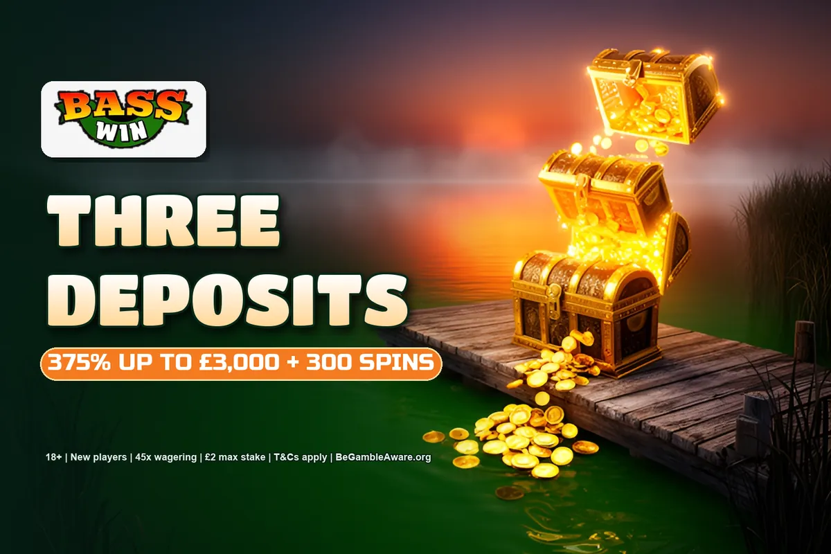 Bass Win welcome offer across three deposits: 375% up to £3,000 plus 300 free spins